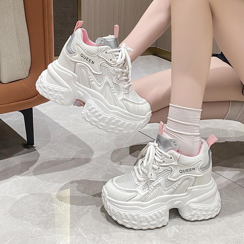 Fashion Spring Autumn Women Bling Chunky Sneakers Breathable Mesh Casual Shoes 10CM Wedge Heels Platform Shoes Fem Sports Dad Smehoes