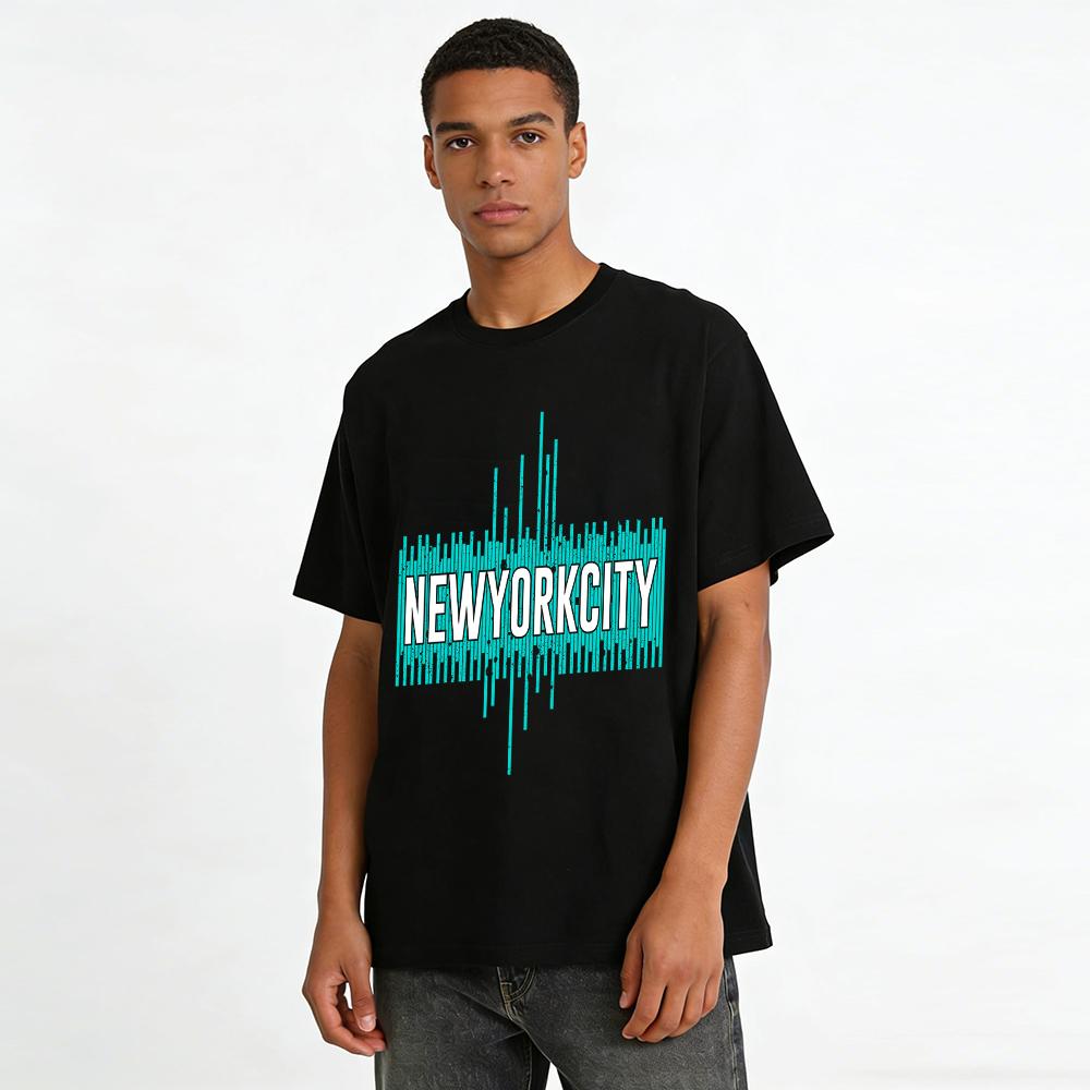 Trendy NEWYORKCITY Sound Wave Print Casual Crew Neck T-Shirt Pure cotton T-shirt