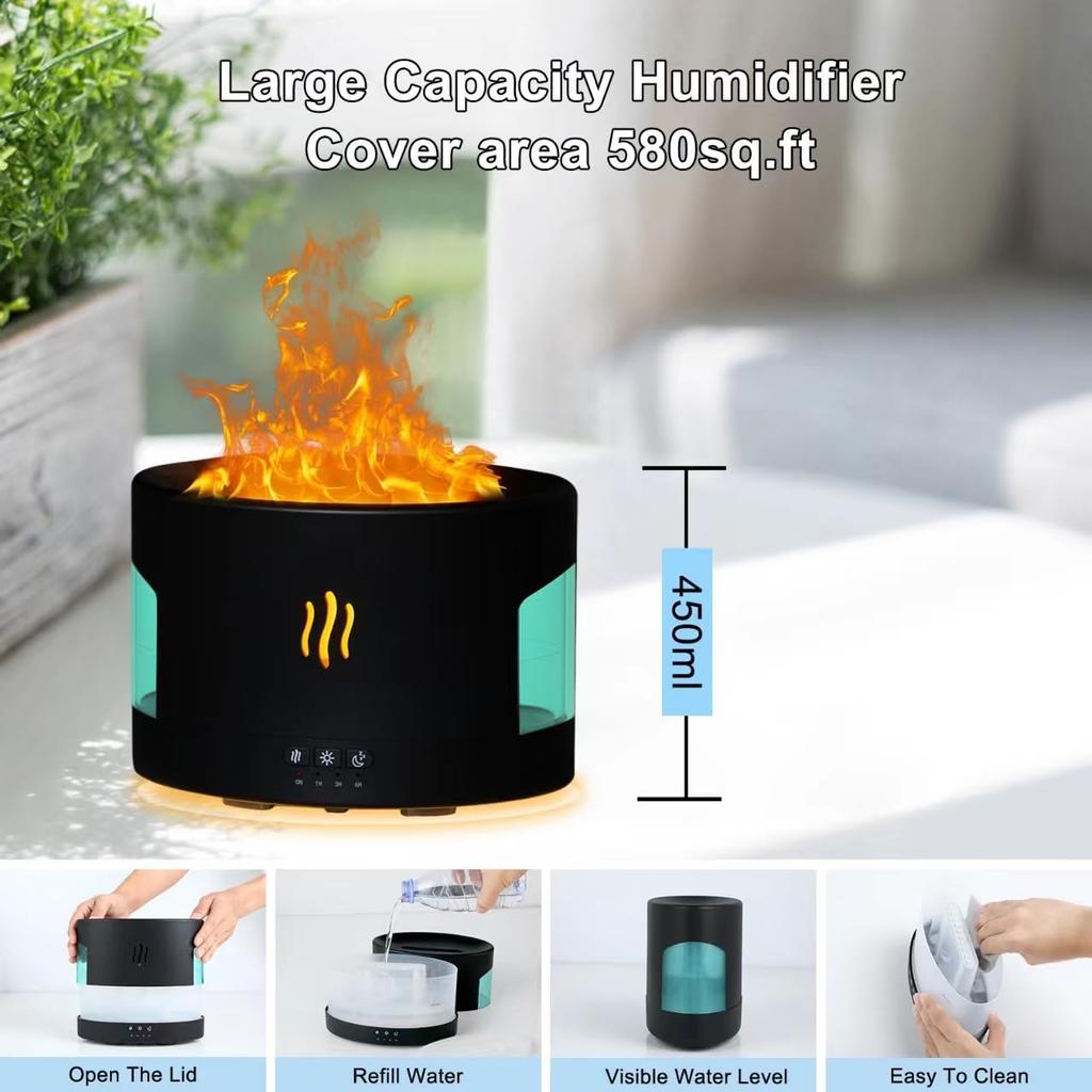 Oil Diffusers for Home Large Room,450ml Air Diffuser Humidifier with Bluetooth Speaker, White Noise and Remote, Flame Humidifier for Bedroom,Office,