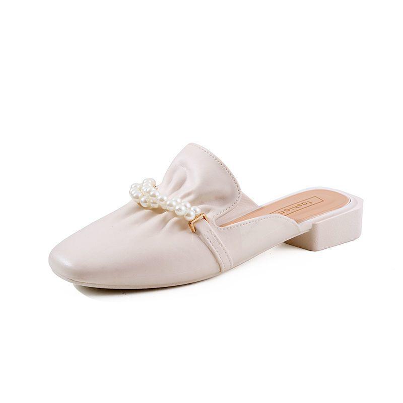 Baotou Pearl Women's Half Slippers - 2025 Spring & Autumn Korean Style Fashionable Net Red Lazy Shoes