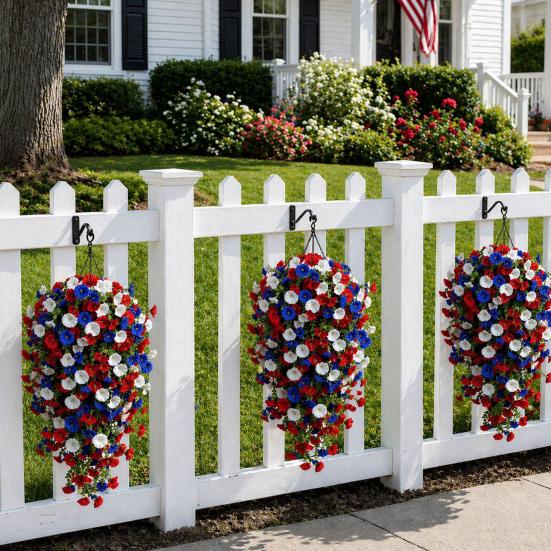 Artificial Red White Blue Flowers, Patriotic Hanging Flowers, UV Resistant Artificial Morning Glory Flowers, Fake Greenery Garland for Home Porch Yard