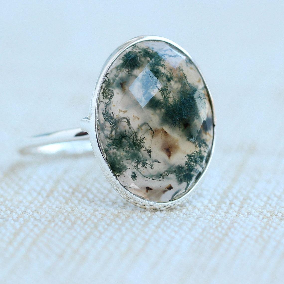

Moss Agate Ring, Stackable Rings, Natural green Moss agate, Gift for her, bezel Rings, Sterling Silver jewelry, Ocean Stone, Valentine Gifts Us 13 зелений