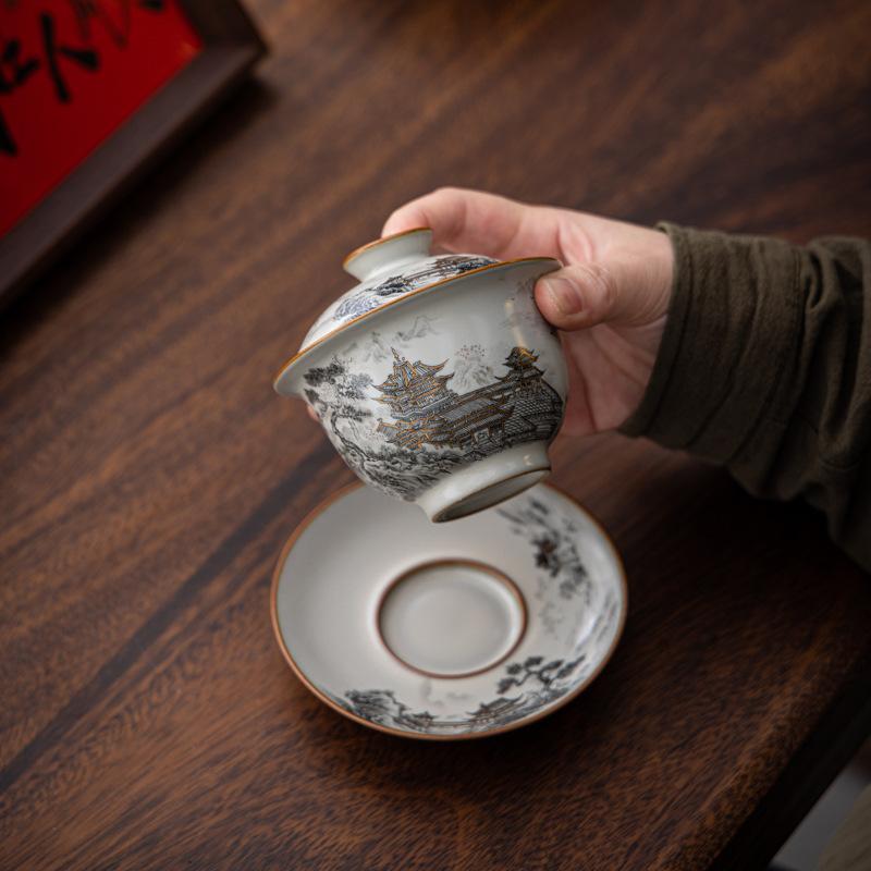 Ceramic Sancai Cover Bowl High-end Chinese Landscape Kung Fu Tea Set Tea Breaker Tengwang Pavilion Ru Kiln Single Tea Bowl