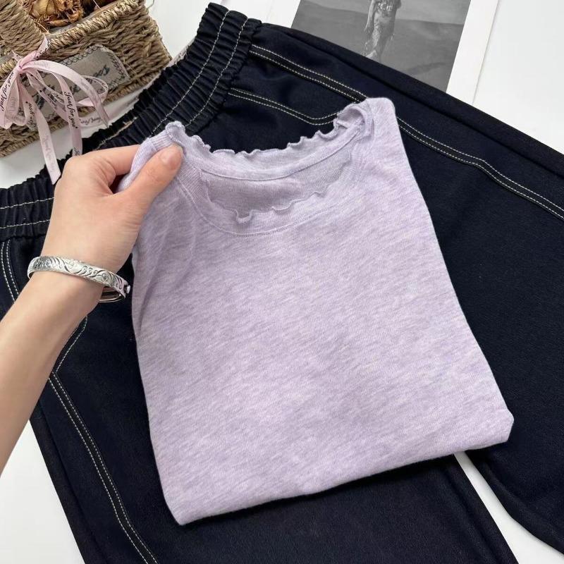 women ruffle trim crew neck t-shirt three-quarter sleeve casual loose fit solid color summer top