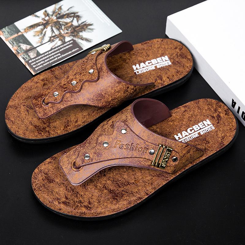 

2025 summer thin men s shoes wear new non-slip leather imitation leather flip-flops foot sandals men s beach trend 39