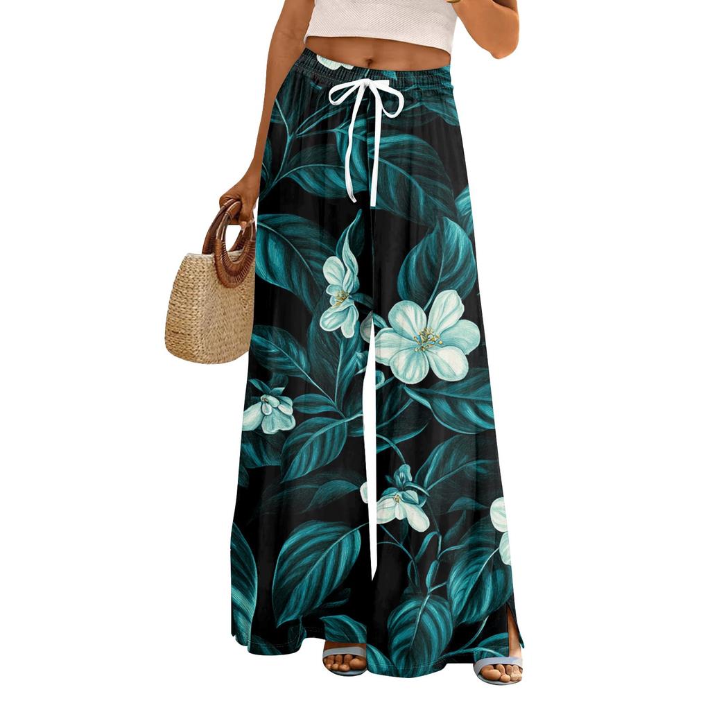 Women's Loose Casual Floral Print Wide Leg Pants With Elastic Waist Drawstring And Pocket Pants