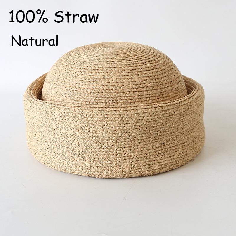 My Extreme Outdoor Activities Women's 100% Natural Round Straw Hat For Men Japanese Summer Raffia Sailor Hat Beach Beret Sun Weeding Pillbox Hat 55-57.5Cm