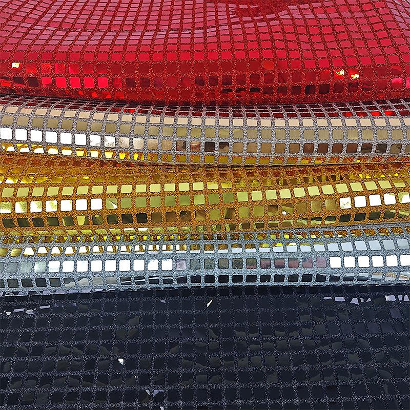 Premium Designer Fabric for Party Dresses - Soft Mirror Mesh with Metallic Dark Gold Square Lattice & Lurex Shimmer