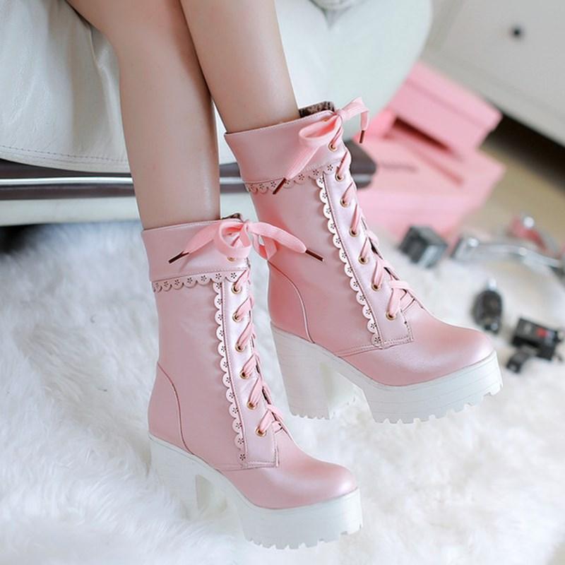 Moda XJRHXJR Białe Studentki Miękka Siostra Lolita Buty na Wysokim Obcasie Cosplay Koronkowe Lolita Słodkie Damskie Buty Platformowe Do Połowy Łydki