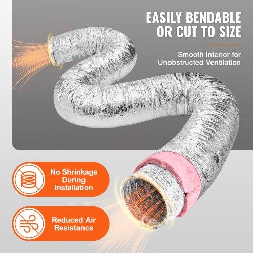 VEVOR Dryer Vent Hose, 203.2MM Insulated Flexible Duct 7.62M Long with 2 Duct Clamps