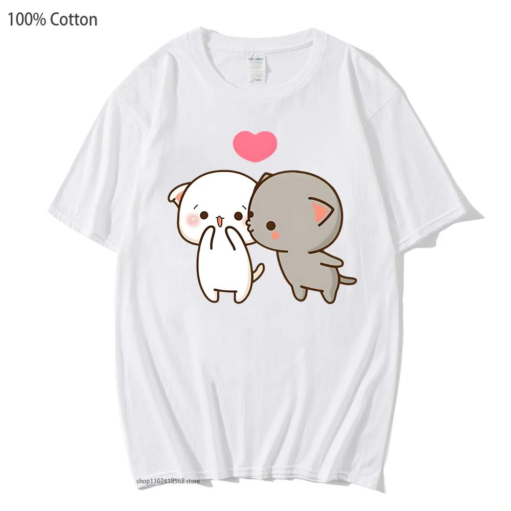 Peach and Goma Mochi Cat shirt Womens Cartoon Print Clothing Kawaii Boba tshirt 100% cotton tees soft Girls Cute clothes