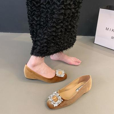 Height-increasing French Square Buckle Rhinestone Women's Flat-soled Single Shoes 2025 Spring and Autumn New Retro Temperament Celebrity Light Mo