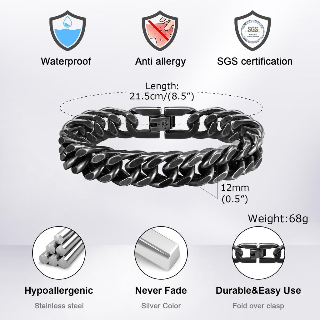 12mm Retro Chunky Cuban Chain Bracelets for Men,Stainless Steel Chain Link Wristband,Vintage Cool Punk Jewelry Gifts