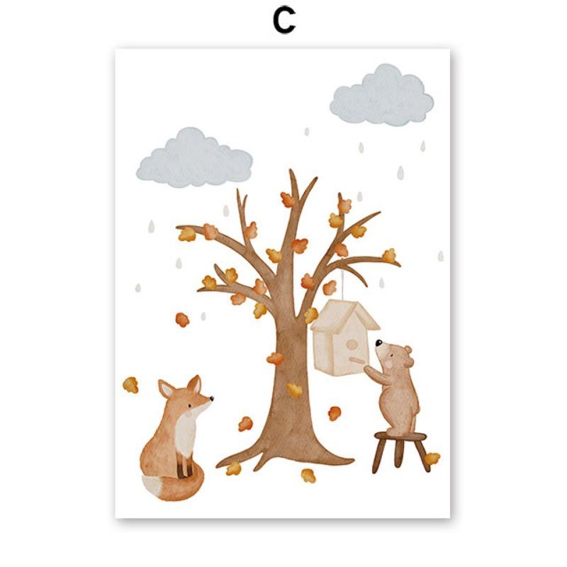 Boho Bear Fox Bird Tree Cabin Mushroom Flower Wall Art Canvas Painting Cartoon Posters And Prints Pictures Baby Kids Room Decor