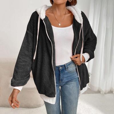 Women's  Fashionable Solid Color Coat Long Sleeved Zipper Loose Hooded Plush Jacket