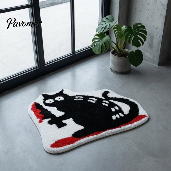 Stain Resistant Living Room Mat Halloween Pumpkin Bath Mat, Bathroom Rug with Non-slip Backing, Backing Area Soft Absorbent Black Cat for Home