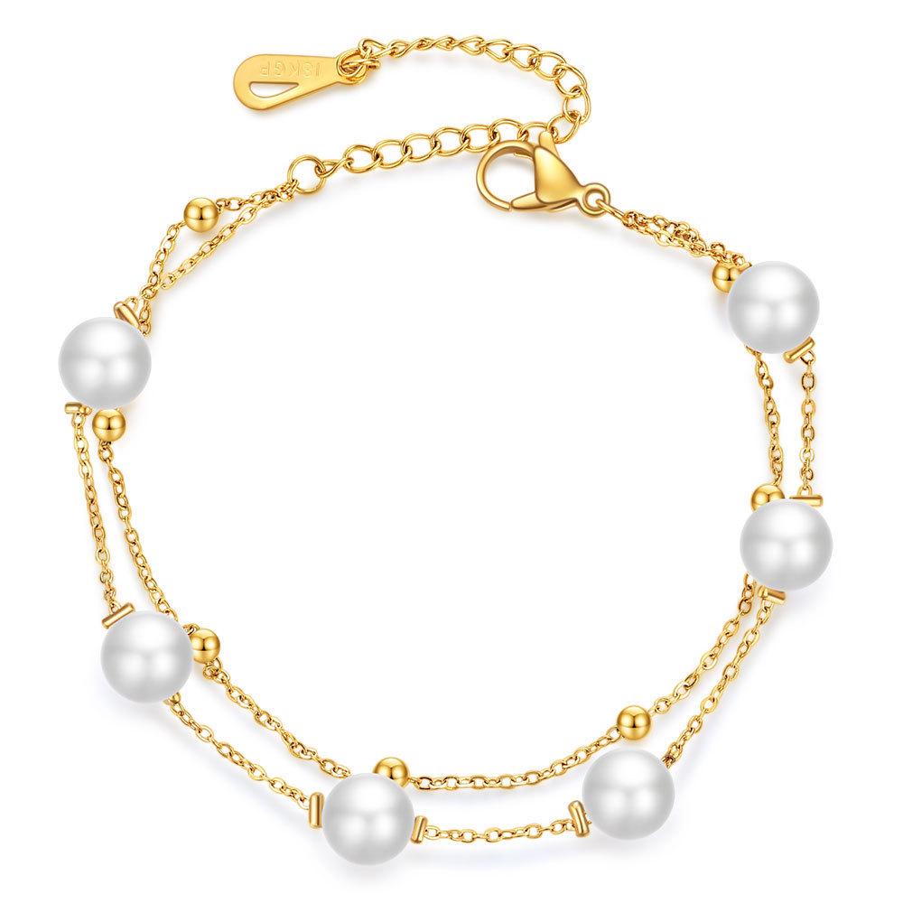 Bracelet à double couche en acier inoxydable avec perles créatives européennes et américaines pour femmes