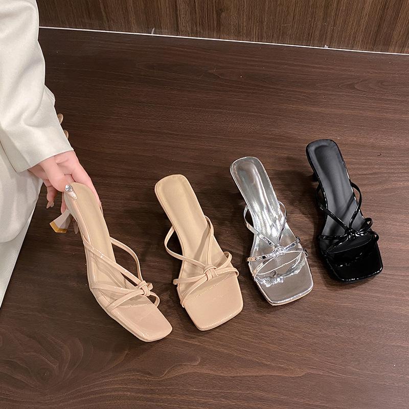 French Gentle High-heeled Cool Slippers 2025 Summer New Women's Sexy Slippers Fashion Cross-strap Square Head Women's Shoes