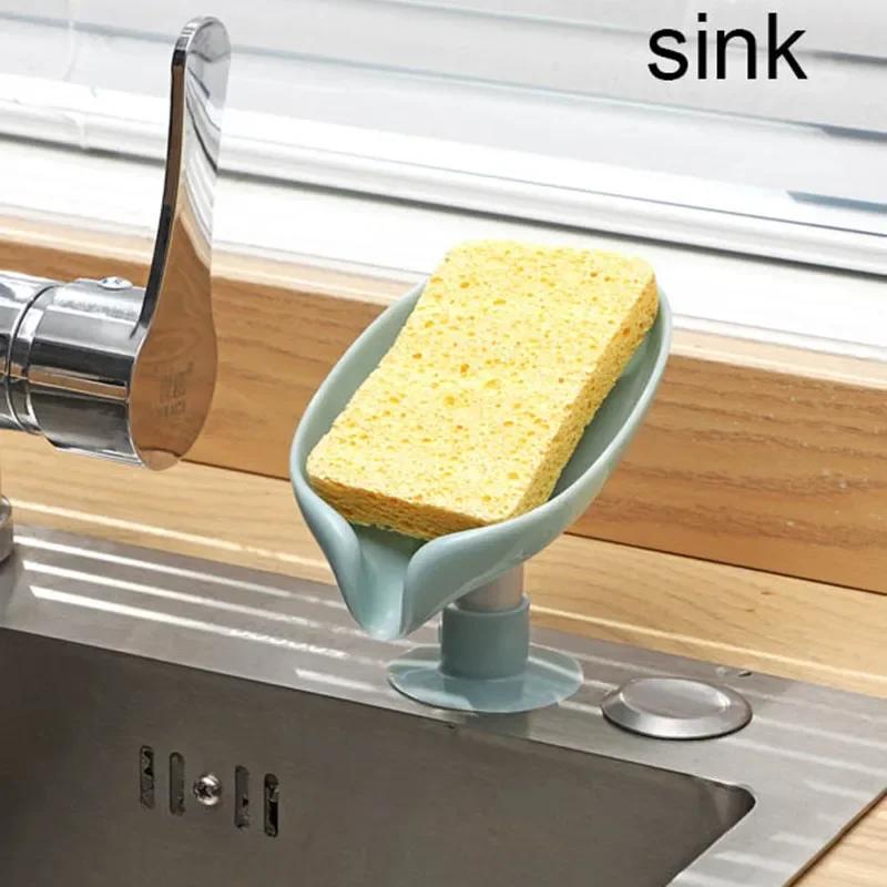 Soap Dish Holder, Nonslip Storage Tray, Suction Cup Soap Container, Bathroom and Kitchen Sponge Drain Rack, Leaf Shaped