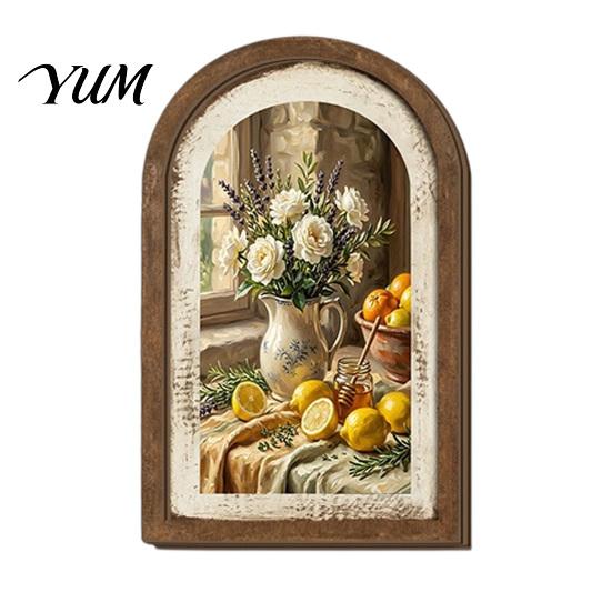 Teak Wood Wall Art Lemon Arched Decor, Pastoral Flowers Wooden Sign, Nordic Desktop Decorative Ornament Style Decoration for Home Kitchen Bedroom