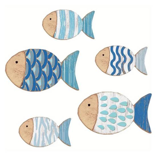 5Pcs/Set Wooden Fish Wall Decoration School of Fish Beach Lake House Bathroom Wall Art Nautical Coastal Ocean Theme Hanging Ornament