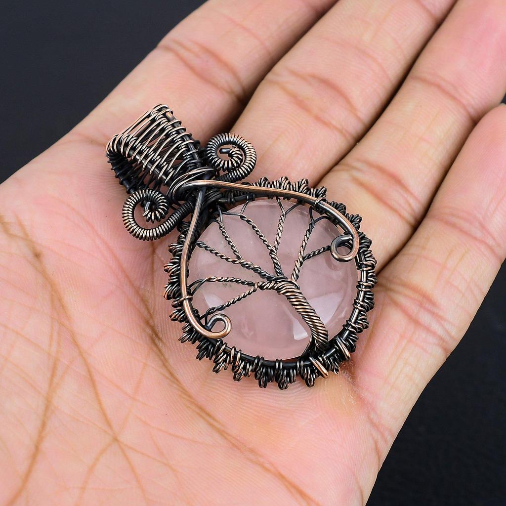 Rose Quartz Jewelry, 999 Copper Wire Wrapped Pendant Handmade Gemstone Jewelry, Gifts For Wife Brand New Pendant