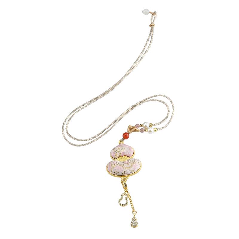 Song Dynasty Handmade Brocade Double-Sided Gourd Necklace for Women - Chinese Style Sweater Chain Accessories