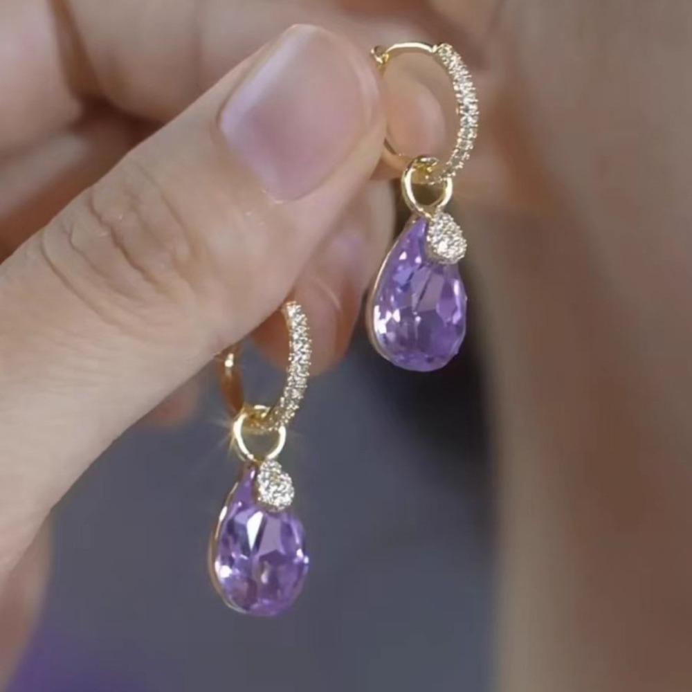 Luxury Temperament Sparkly Micro-inlay Zircon Blue Teardrop-shaped Crystal Pendant Hoop Earrings for Women Bride Wedding Jewelry