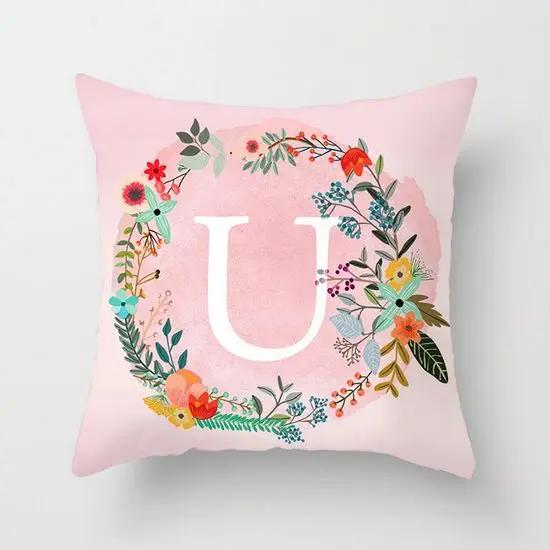 Pink Decorative Pillow Cover 26 Letters In A Wreath Background Pillowcase For Home Decorative Alphabet Cushion Cover 45X45Cm