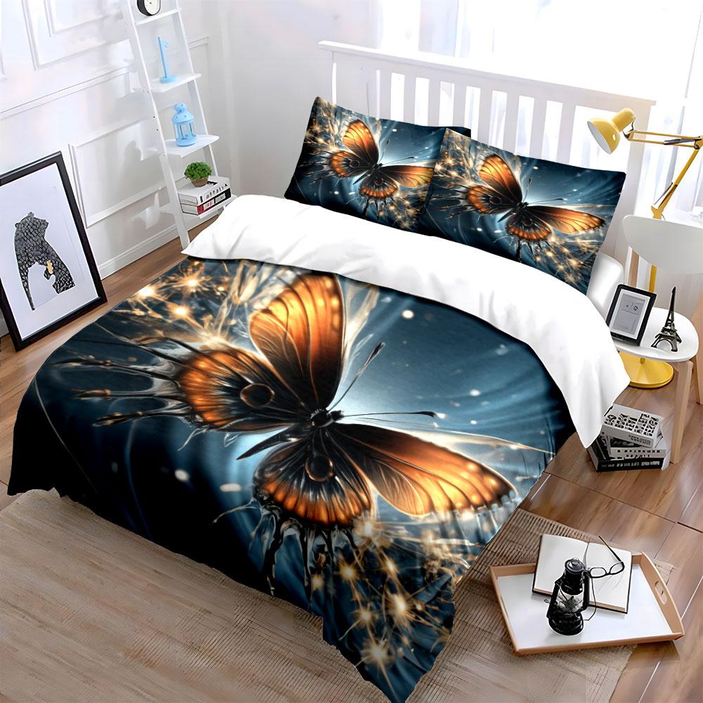 Luxury Metallic Golden Butterfly Bedding SetGlowing Blue Light Fantasy Butterfly Print Duvet Cover1 Duvet Cover+2 Pillowcases