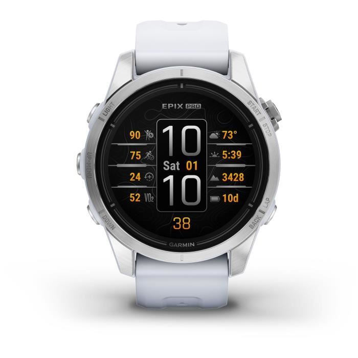 GARMIN - Epix Pro (Gen2) - Montre connectée à haute performance - 42 mm - Acier, Silver avec bracelet blanc