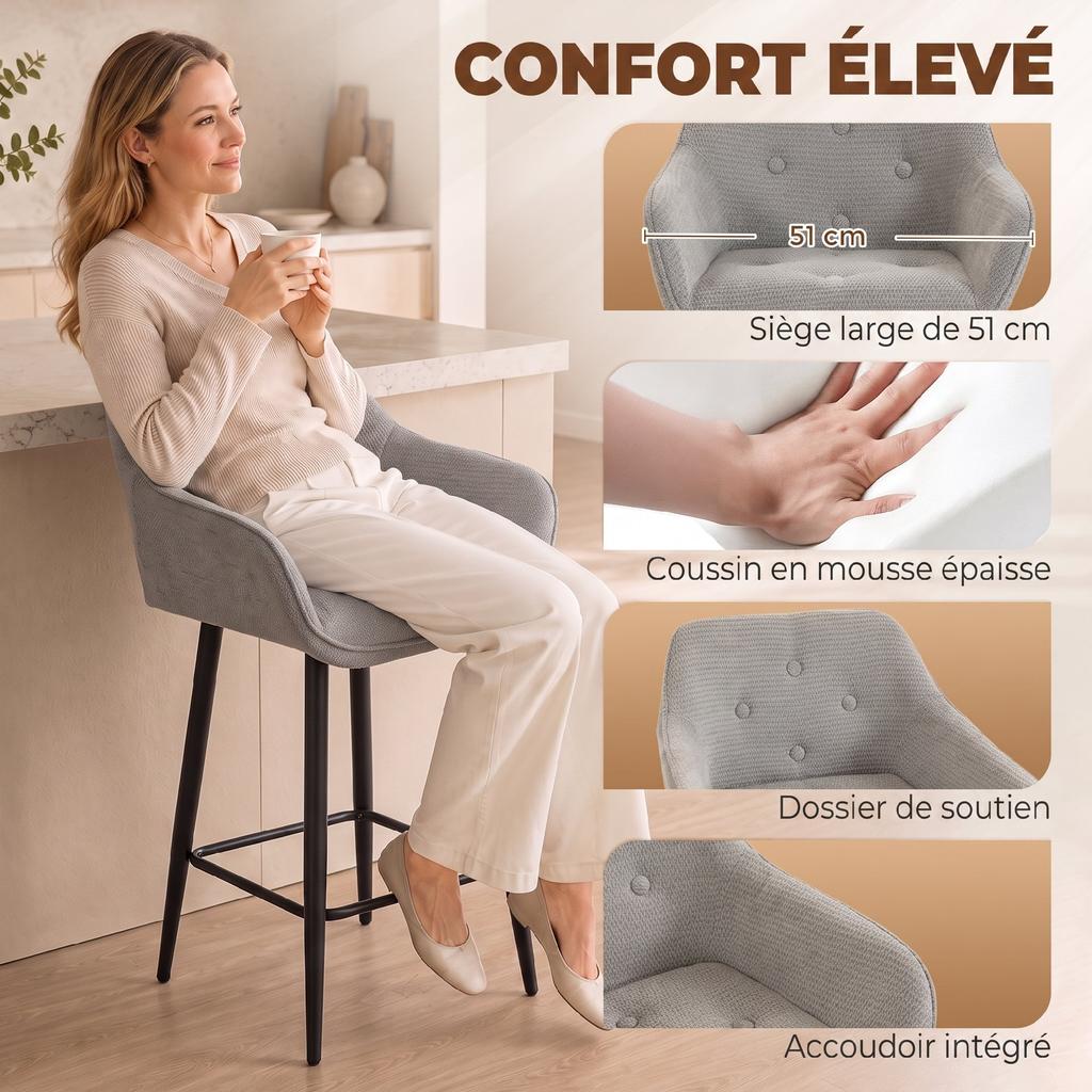 Bar Stools, Set of 2, Chenille Upholstered, 67 cm High, Backrest and Footrest, Grey