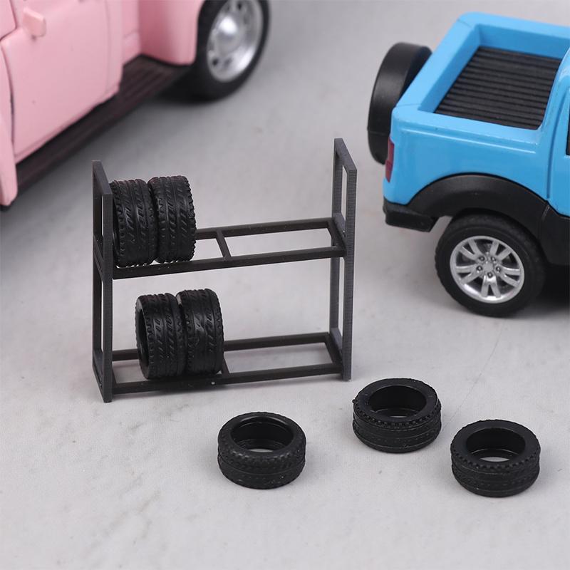 1:64 Scale Tire Rack Display Holder & 7Pcs Tires, Model Car Garage Scene Accessory, Repair Shop Tool Set, Miniature Prop