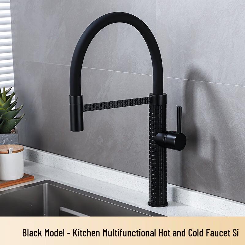TLXT Wall-Mounted Black Carved Pull-Out Spring Kitchen Faucet