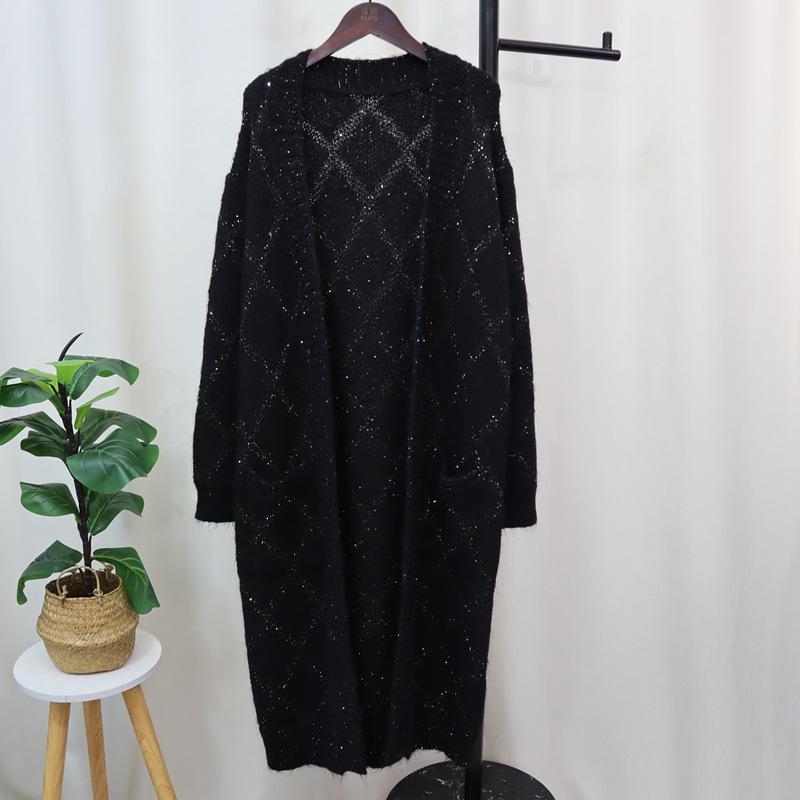 Autumn new long knee pocket sweater jacket lazy wind rhombus design temperament knitted cardigan women
