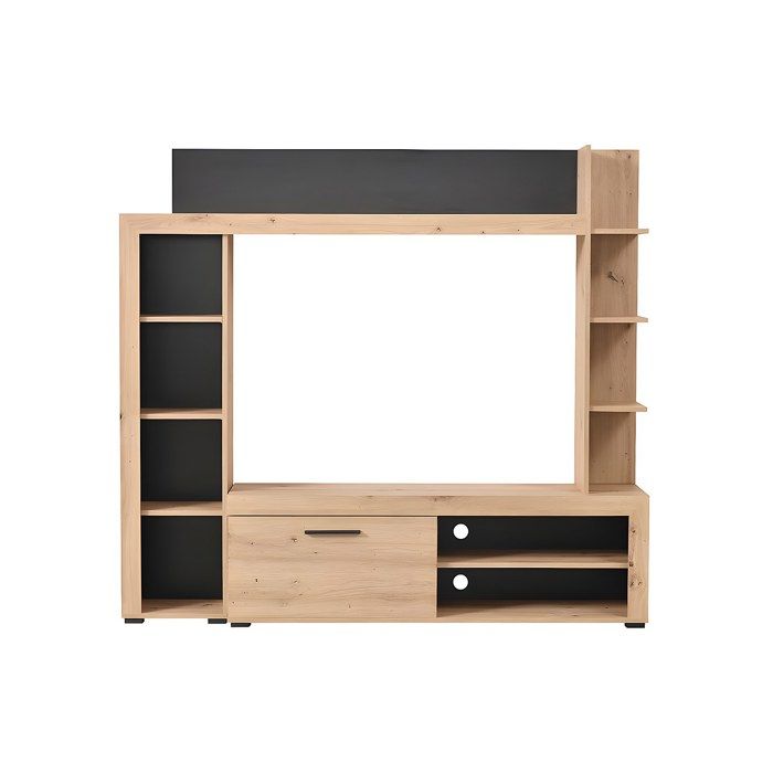 Mur TV BALTIMORE - Avec rangements - Coloris : Chêne & Anthracite