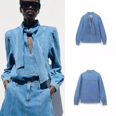 New Women's High Quality Fashion Style Cowboy Shirt with Bow and Stand-up Collar