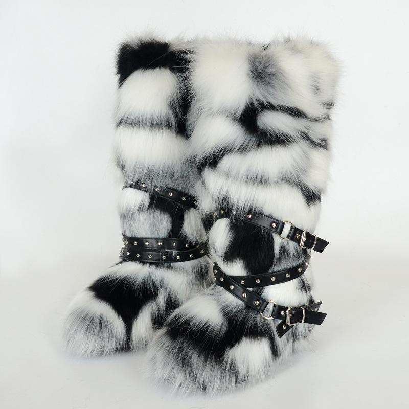 Damen Winterimitat Fuchsfell Stiefel Gürtel Punk Europäisch und Amerikanisch hoher Schaft 40 langer Schaft Schneestiefel Schuhe