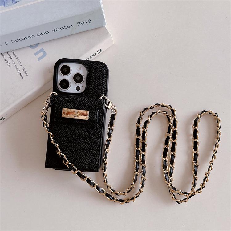 Applicable To Iphone15pro Lychee Pattern Mirror Card Bag Apple 14 Chain Crossbody 13pro Card Function Leather Case