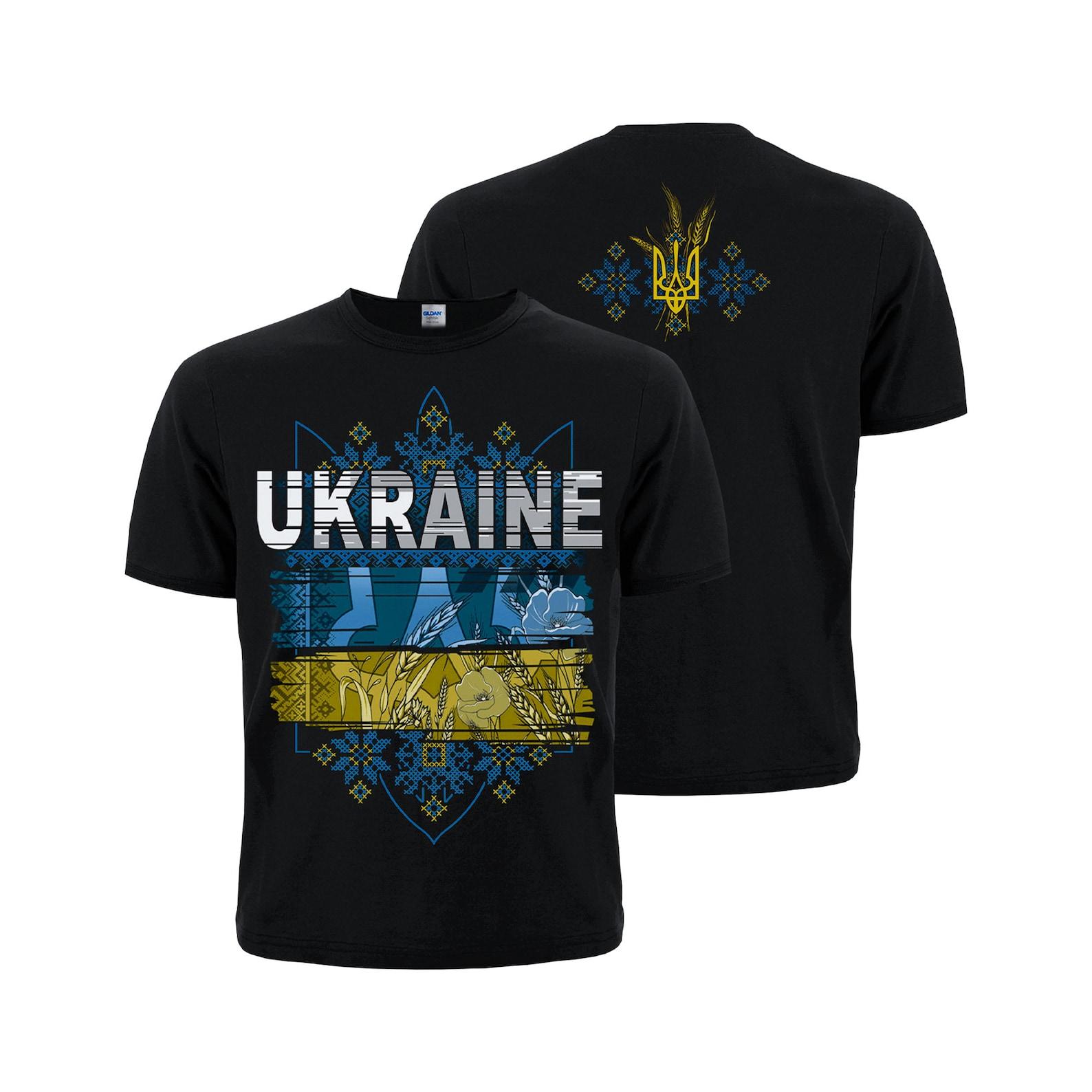 Ukraine Trident Black T-shirt. Patriotic clothes with Tryzub. Symbol of fertility. Print with yellow-blue flag. Made in Ukraine. 4XL