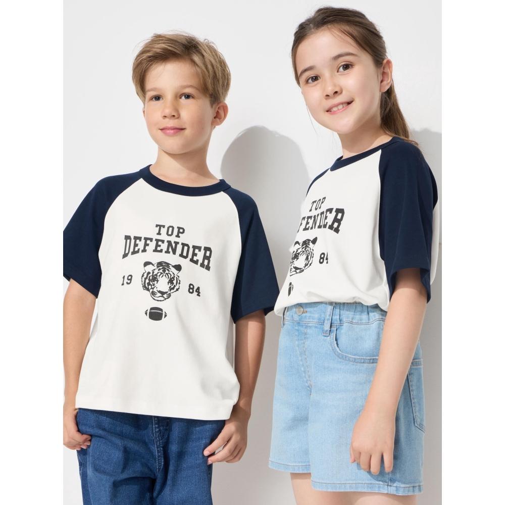 

Uniqlo Футболка детская Airism из хлопка с рисунком, короткий рукав, реглан