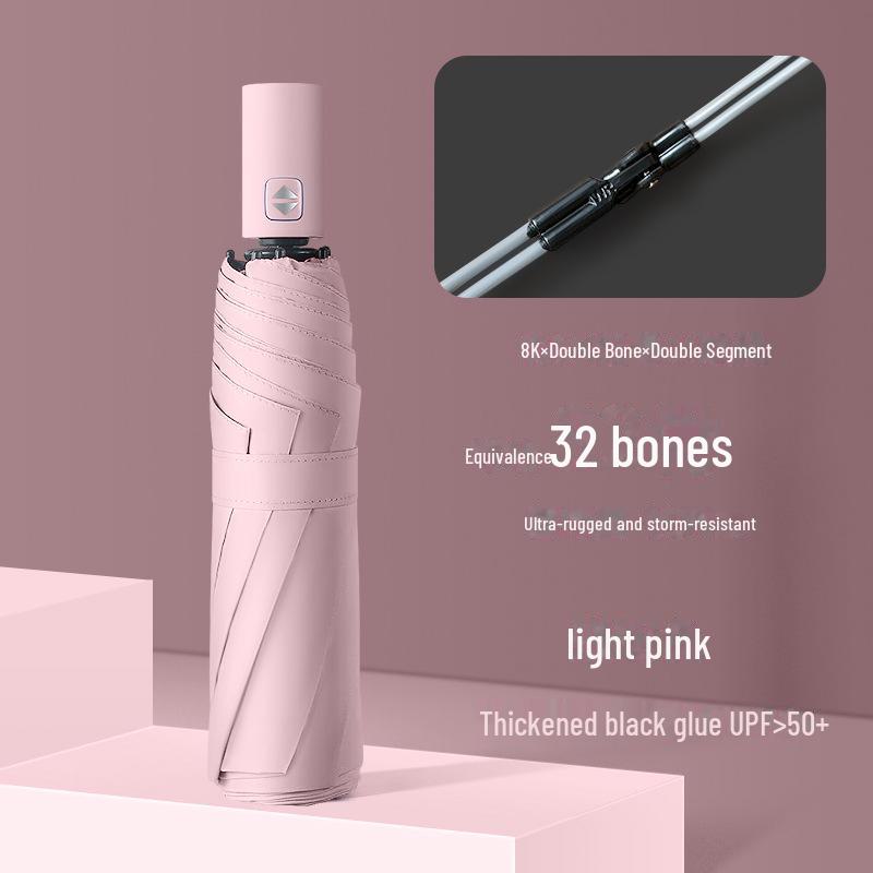 Schwarzer automatischer Sonnen- und Regenschirm mit 32 Knochen – kompakter Sonnenschirm mit doppeltem Verwendungszweck für Damen, ideales Geschäftsgeschenk