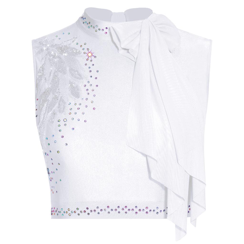 Womens Modern Dance Crop Top Sequin Embroidery Bow Decor Sleeveless Back Hollow Out Dancewear