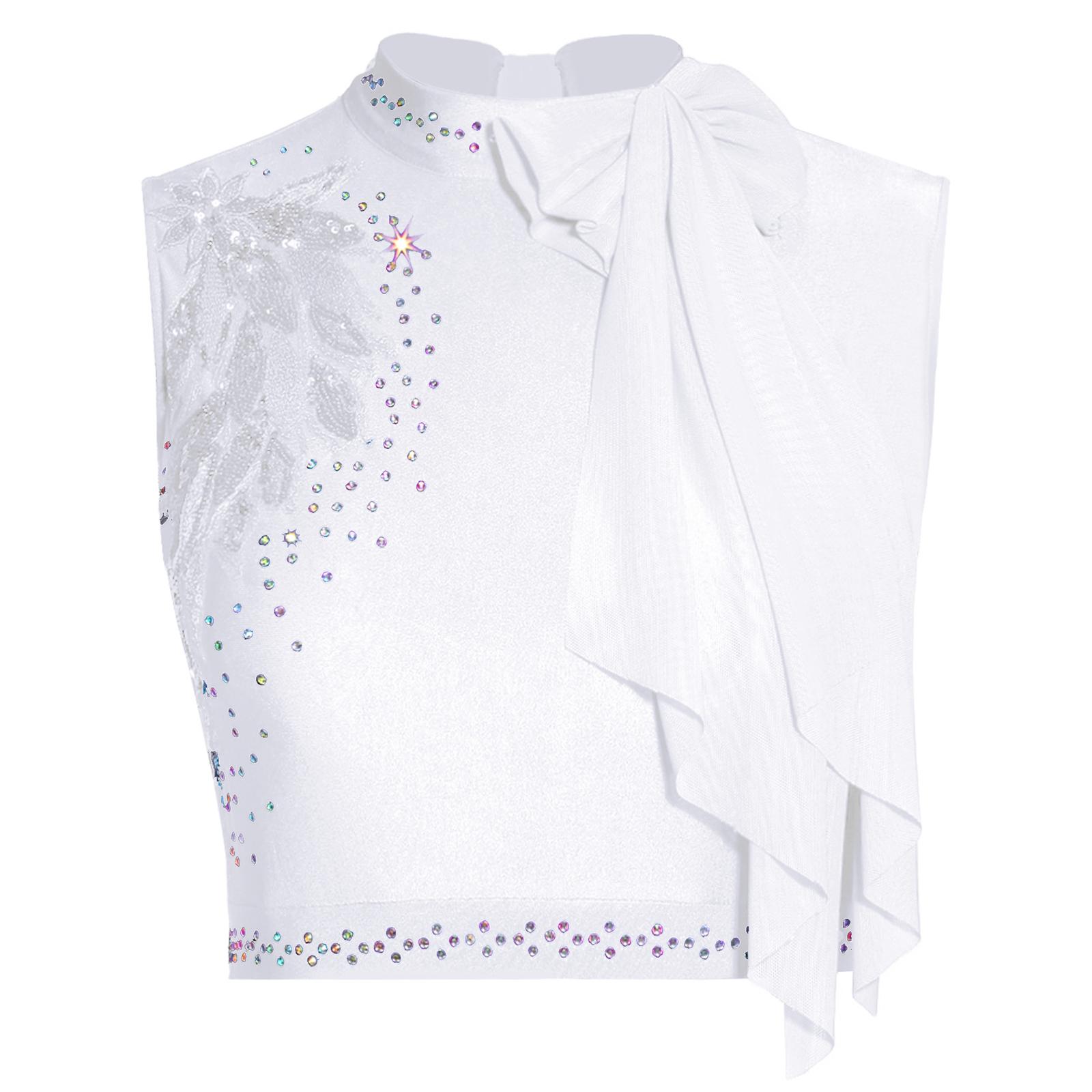 

Жіночий сучасний танцювальний кроп-топ з вишивкою паєтками, декором у вигляді банта, без рукавів, з вирізом на спині білий