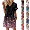 Damenmode Druck V-Ausschnitt Kurzarm Tasche Lässiges Pulloverkleid