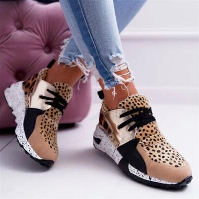 New Spring Leopard Print Shoes for Women Lace-up Non-slip Running Shoes Plus Size Round Head Platform Causal Shoes