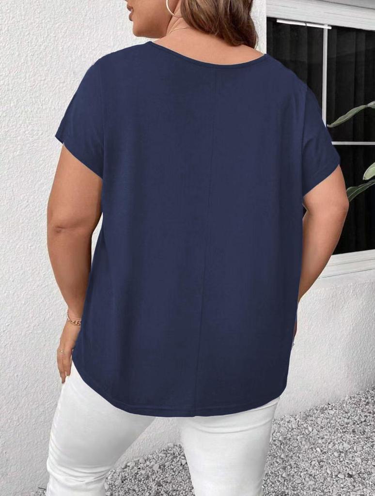 2026 Plus Size V-Neck Cross Strap Hollow Short Sleeve Women's T-shirt