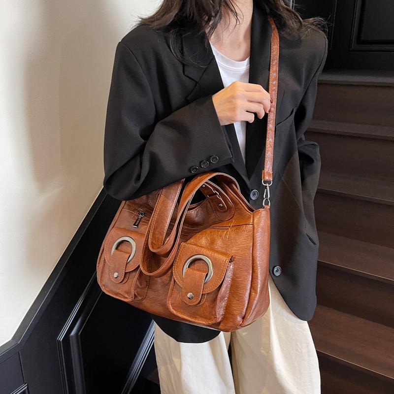 Myk skinn tote bag dame retro multifunksjonell skulderveske håndveske