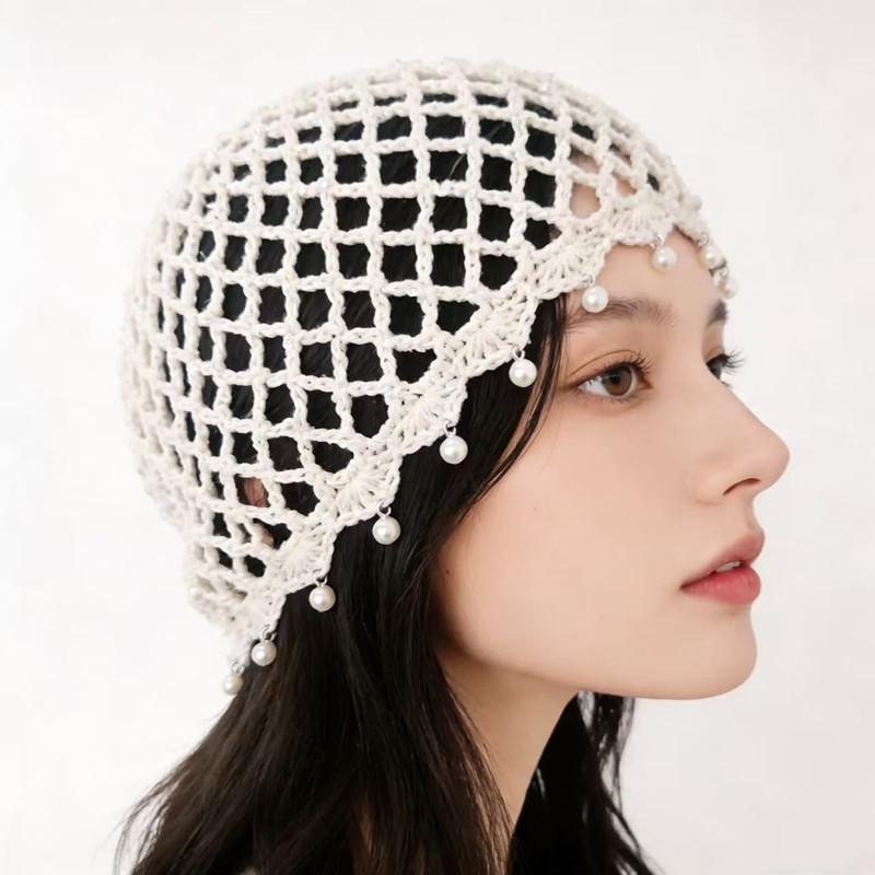 Portable Pearl Fringed Hollowed Out Woven Beanies Retro Pullover Hat for Travel Winter Essentials