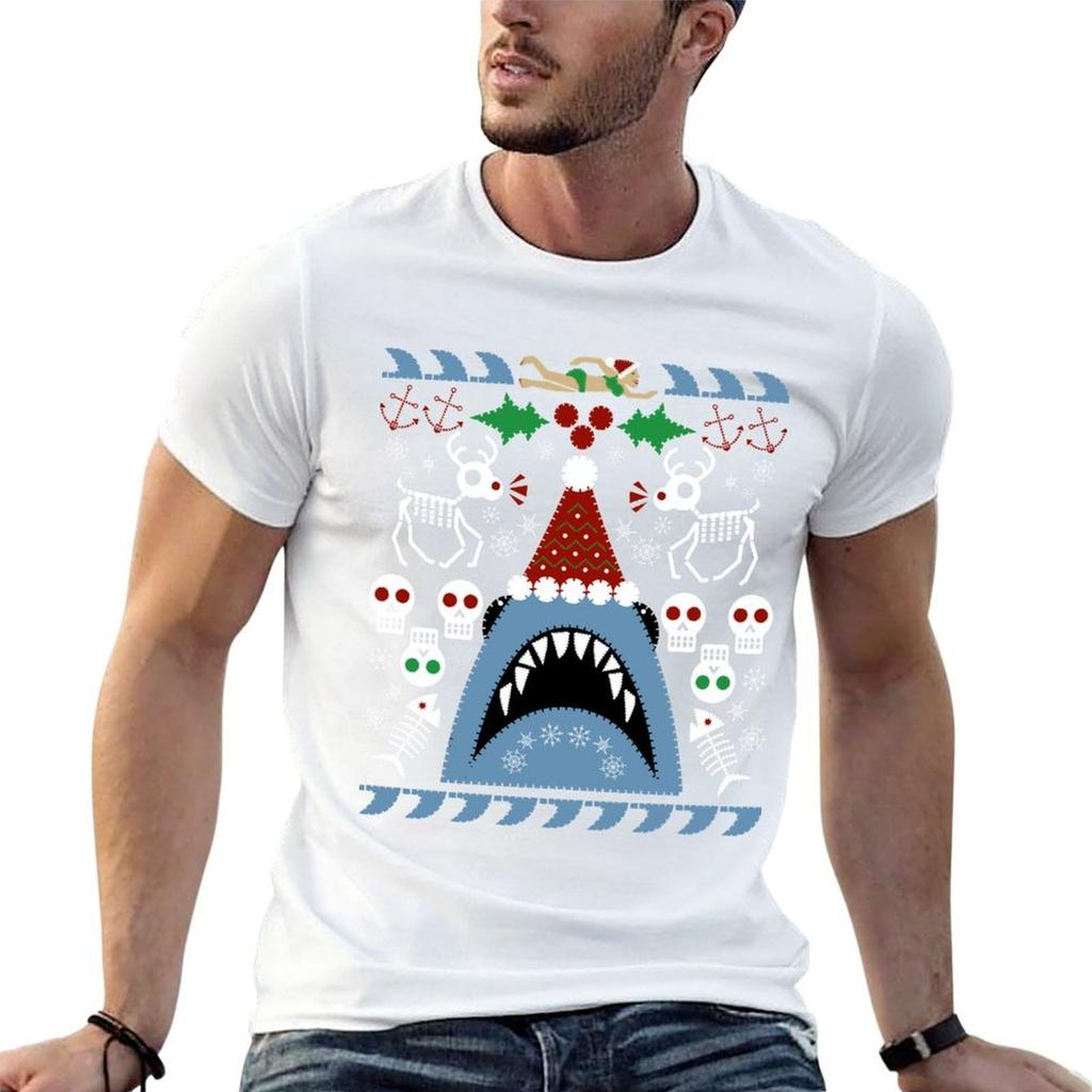 Santa Jaws Ugly Sweater TShirt Plus Size Basic Cotton TShirt